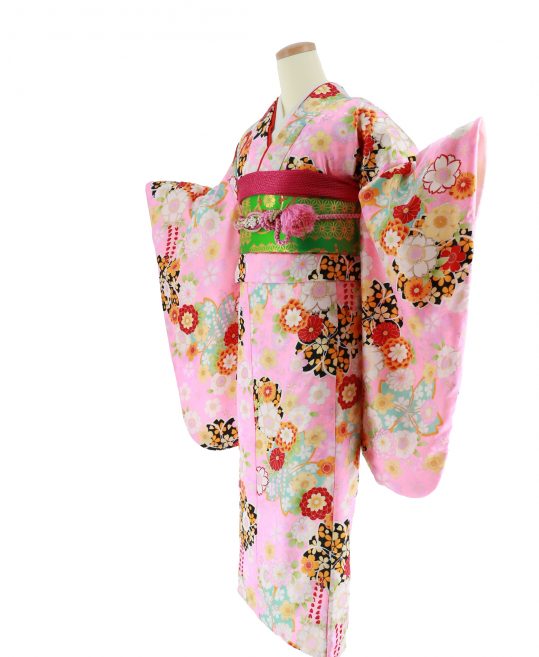 十三参り用の女の子着物[ガーリー]ピンクに桜と菊[身長157cmまで]No.11